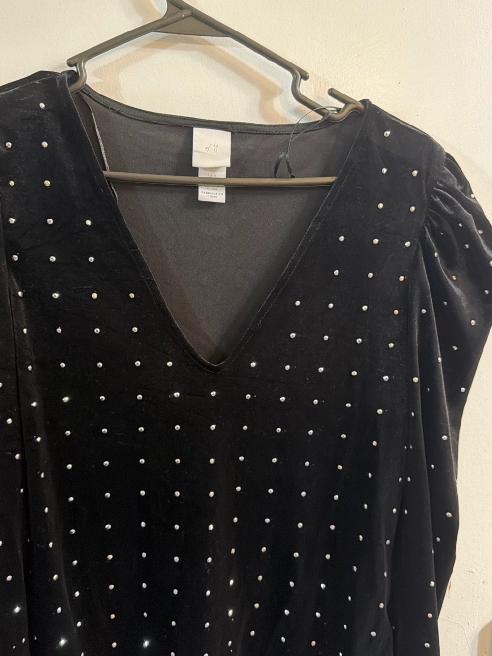 H&M Black Velvet Rhinestone-Studded V-Neck Bodysuit